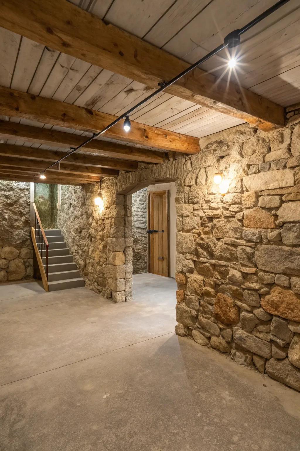 Authentic stone components contribute an earthy and timeless sensation to your basement.