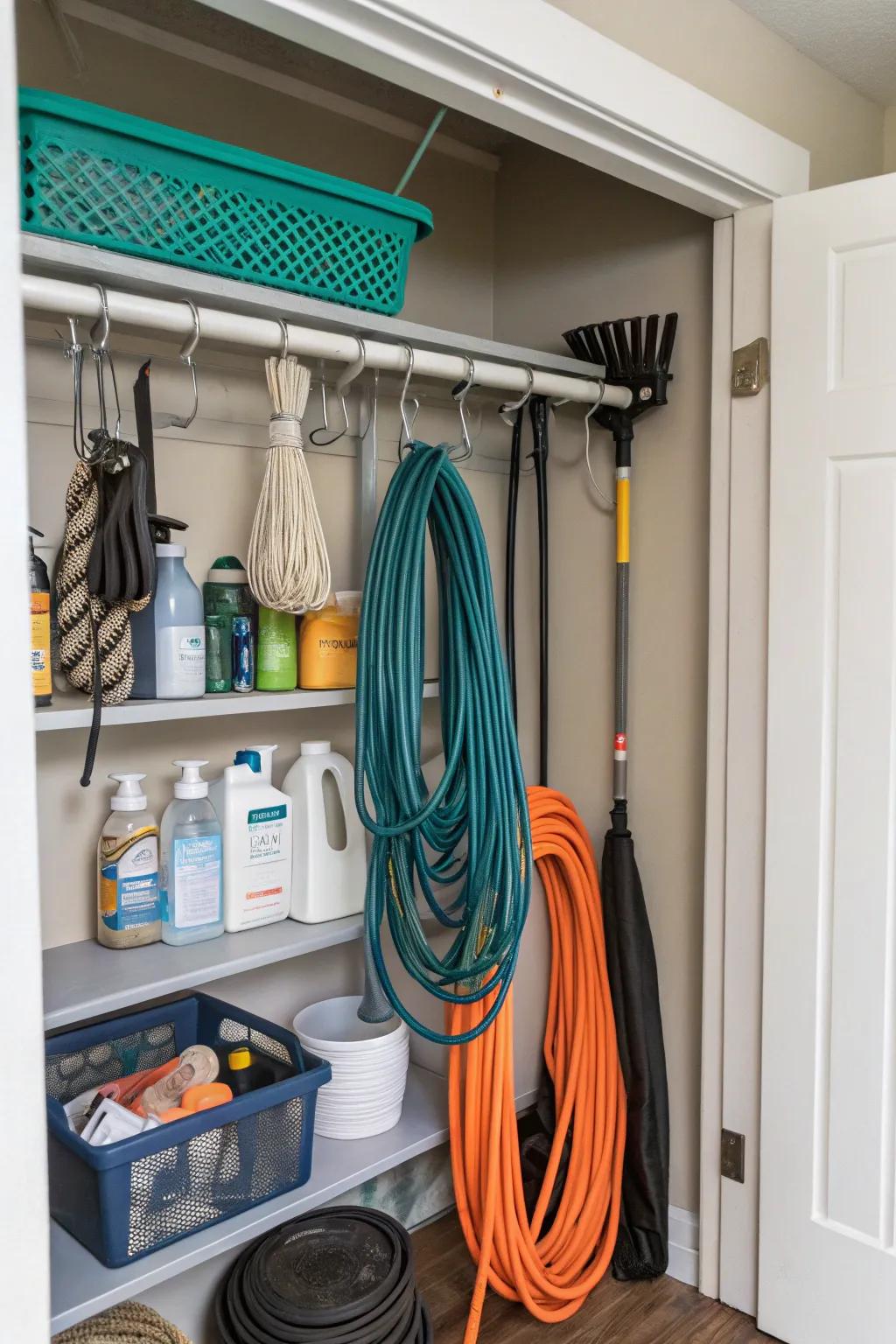 A tension rod is an efficient space-saver for lead storage.