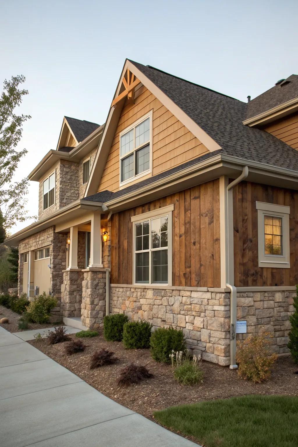 A house exterior featuring a mix of stone and wood cladding.
