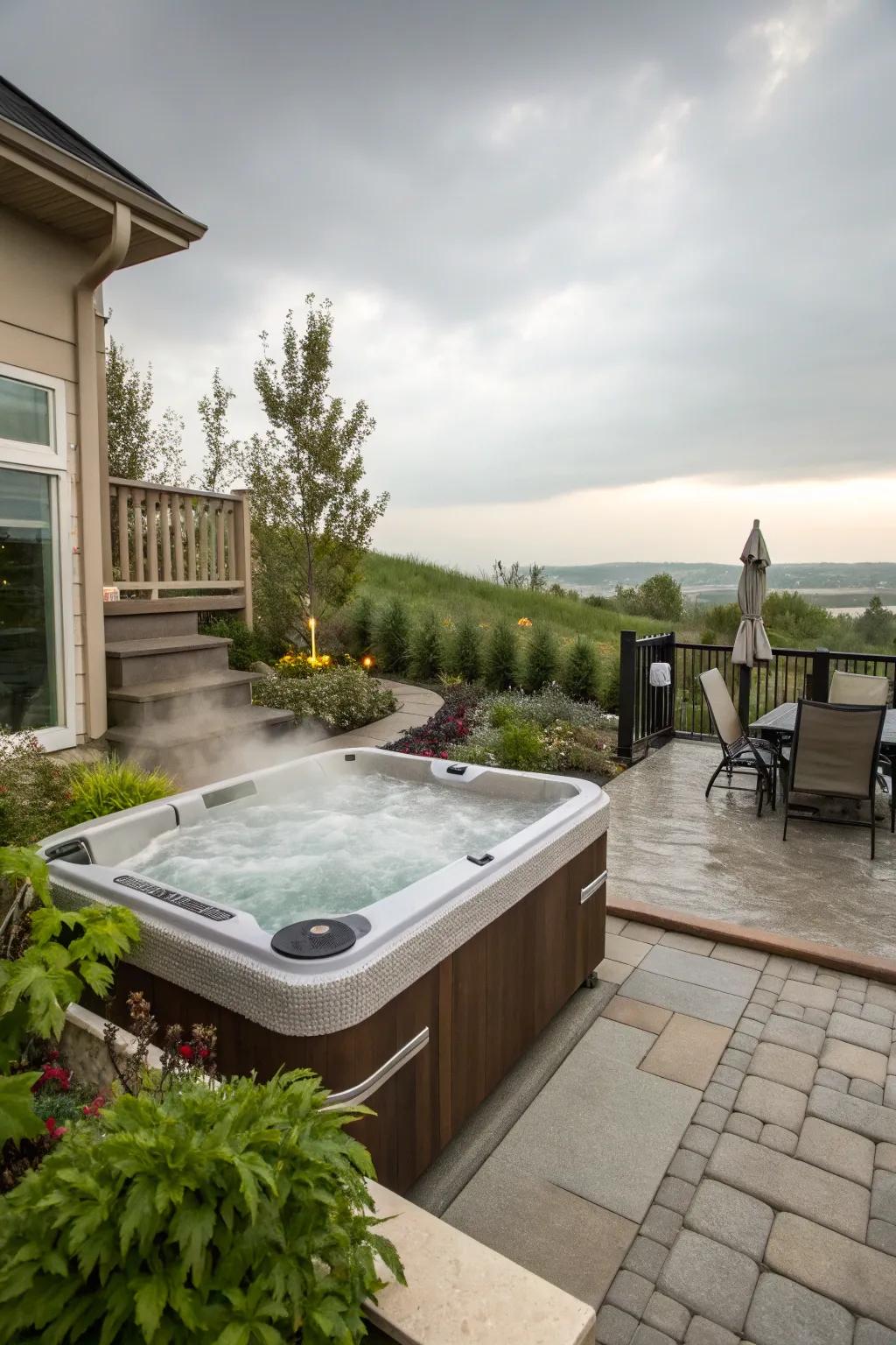 A luxurious hot tub offers relaxation just outside a walkout basement.