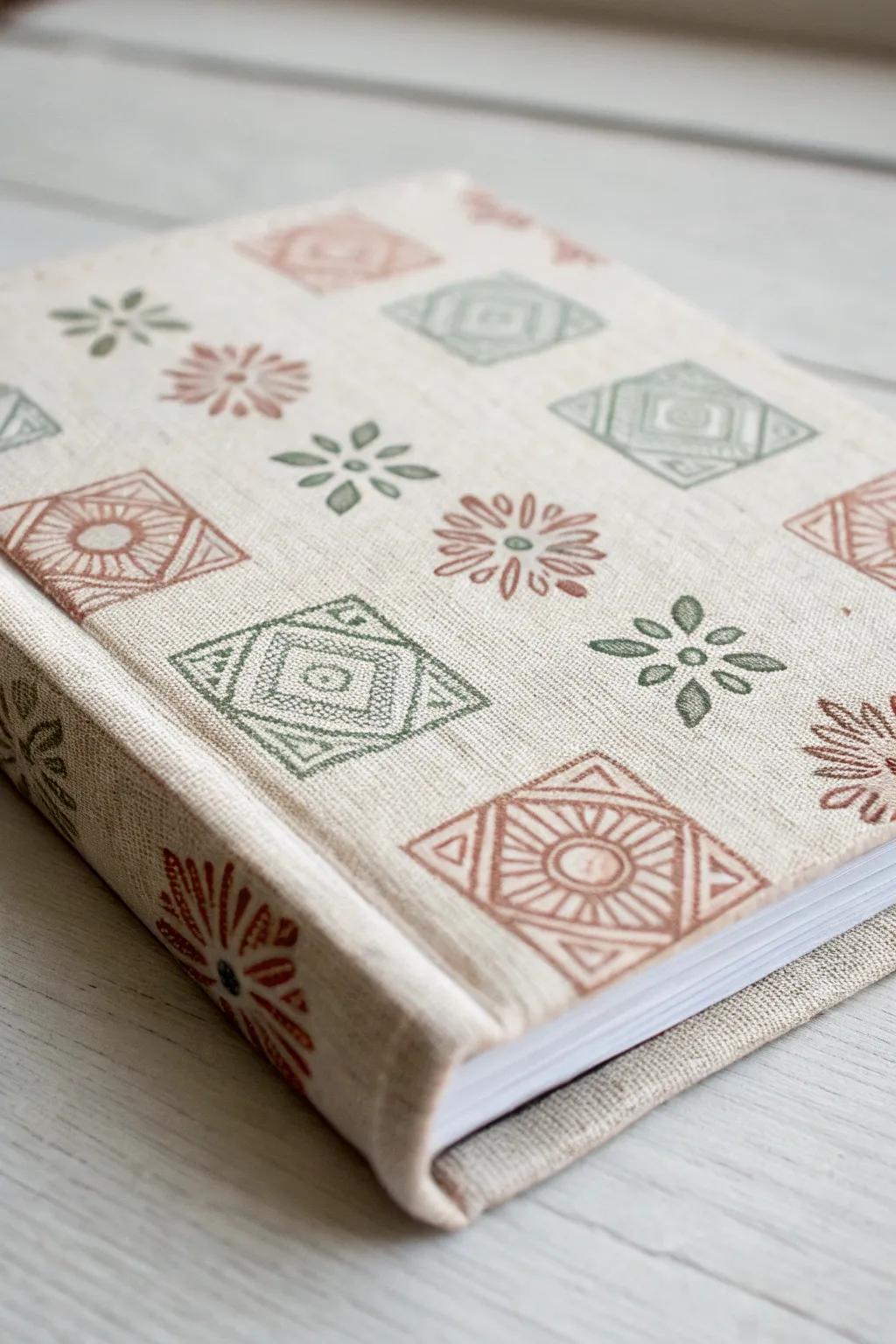 Enhance your book's style with handcrafted, stamped fabric covers that blend simplicity with a touch of boho charm.