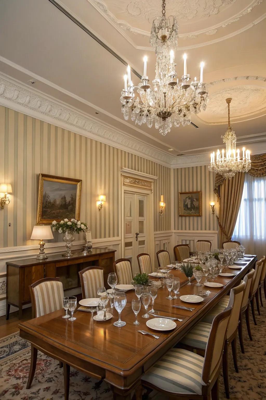 Fabric wallpaper with classic stripes exudes timeless beauty.