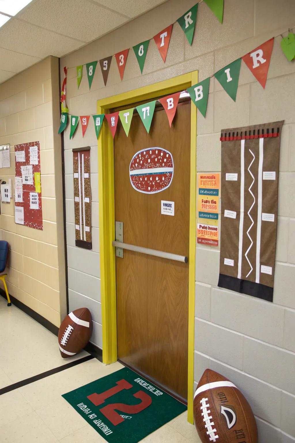 Football-themed entrance decor for fall sports enthusiasts.