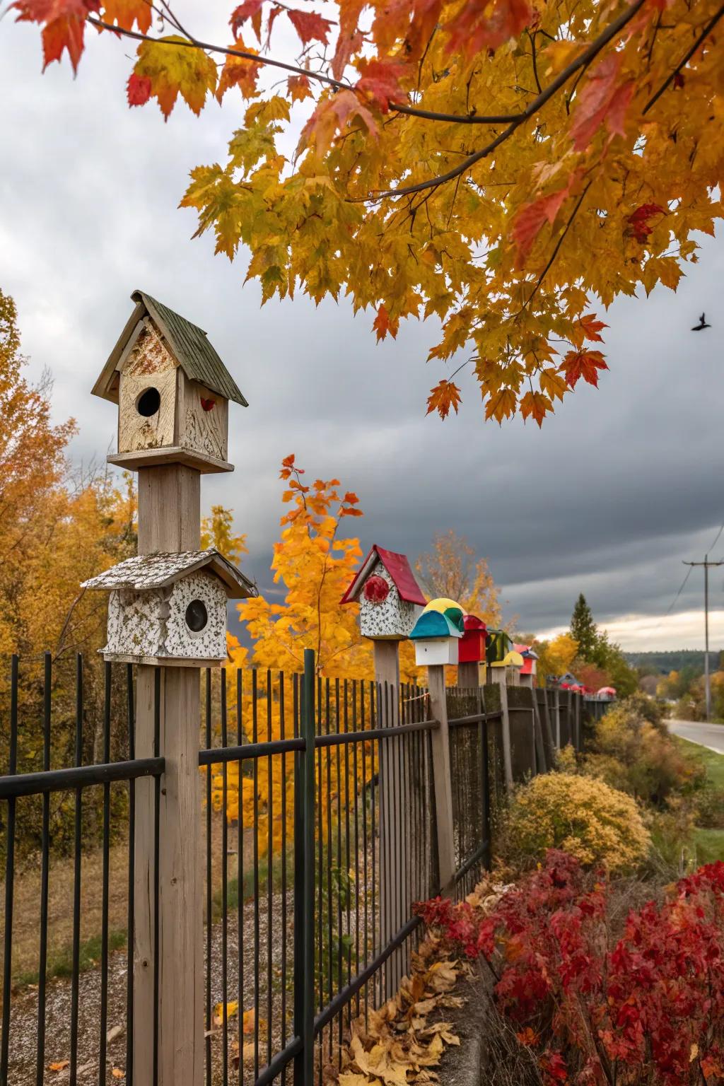 Ornamental avian abodes contribute a whimsical accent to the fence.
