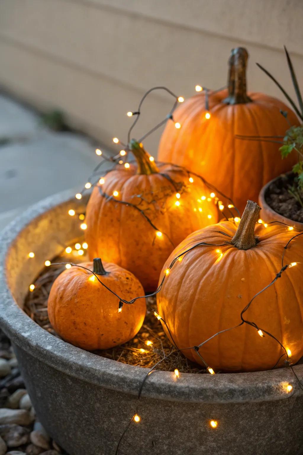 Twinkling lights add a touch of magic to gourd containers.