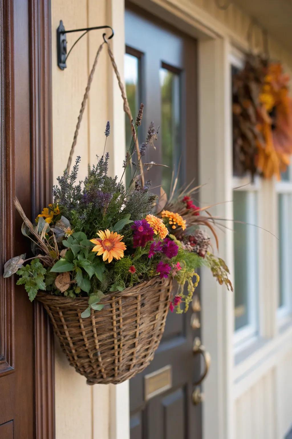 A bloom basket provides a fresh, colorful substitute for the conventional garland.
