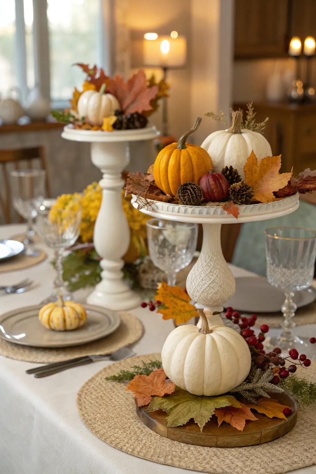 Layered elevations contribute dimension to your autumnal centerpiece.