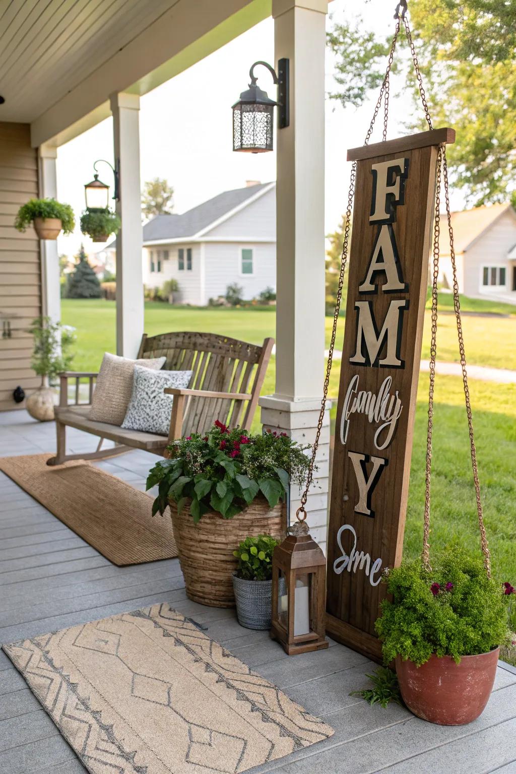 An exterior family name display enhances a front veranda.