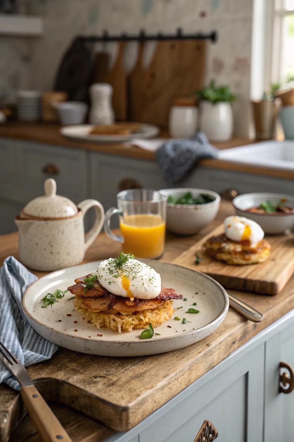 Eggs atop potato pancakes result in an exquisite texture equilibrium.