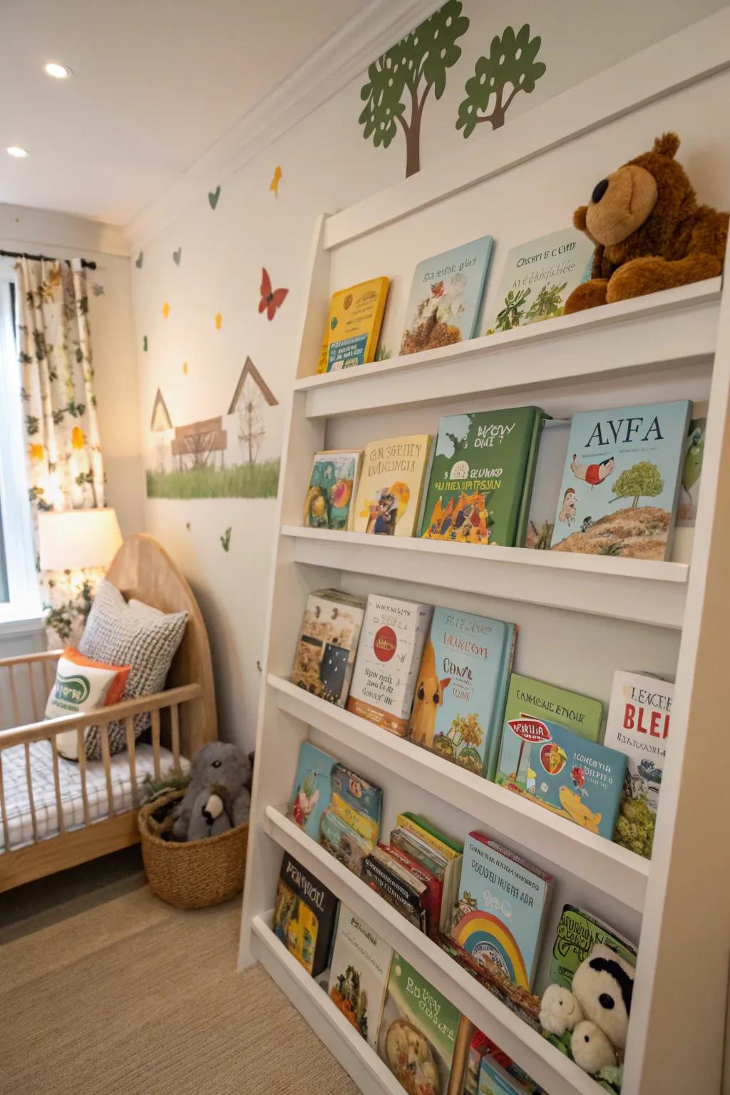 Books enhance both decor and bonding time in a nursery.