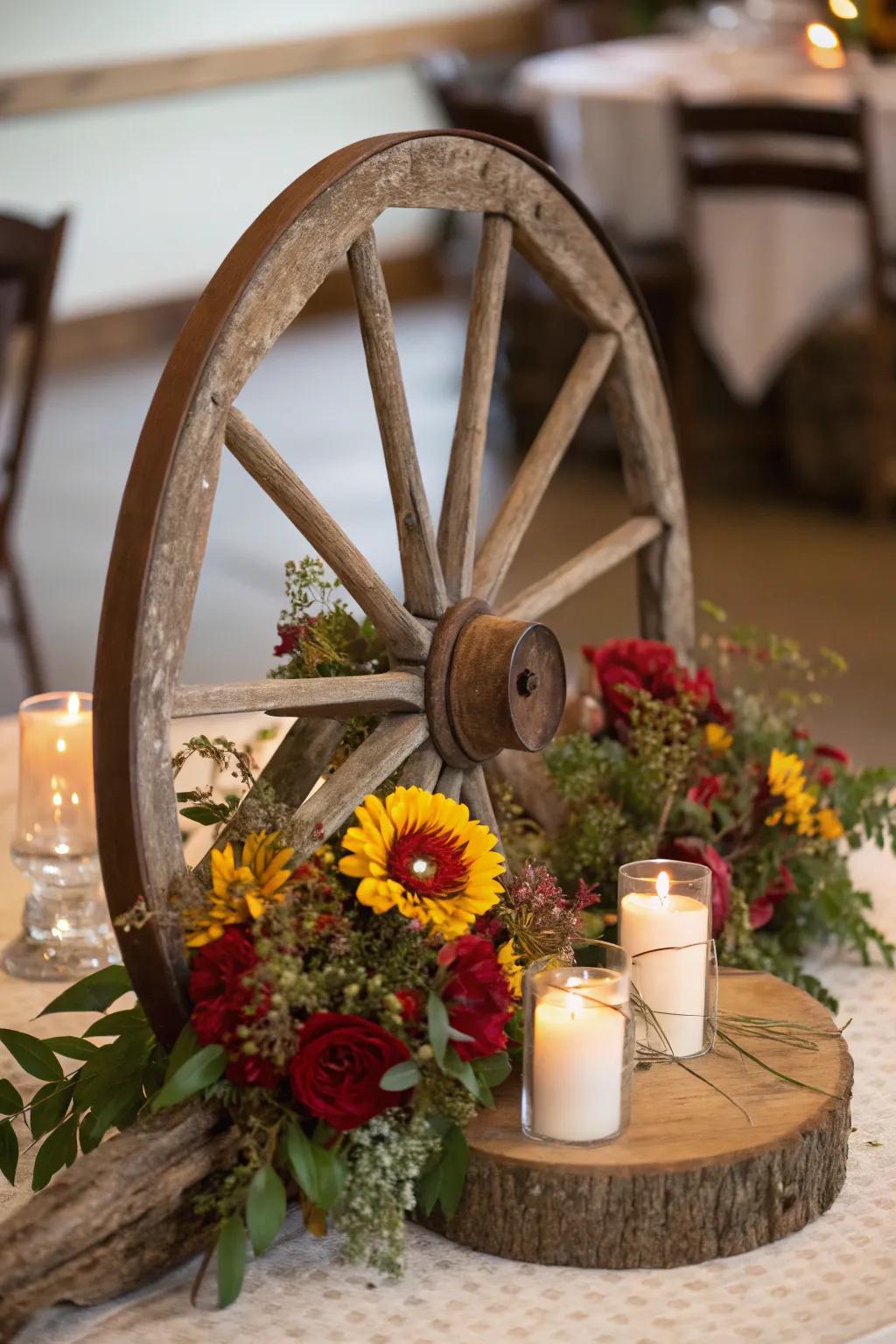 A carriage wheel serves as an imaginative base for illuminations and floral arrangements.