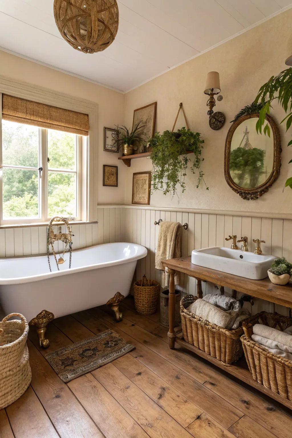Metallic details provide a sophisticated contrast in a farmhouse bathroom.