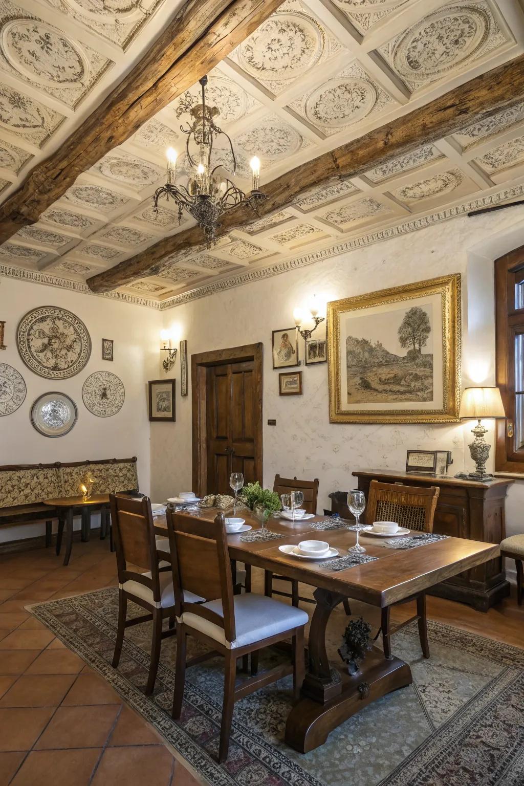 Ceiling medallions infuse this farmhouse dining area with elegance and sophistication.