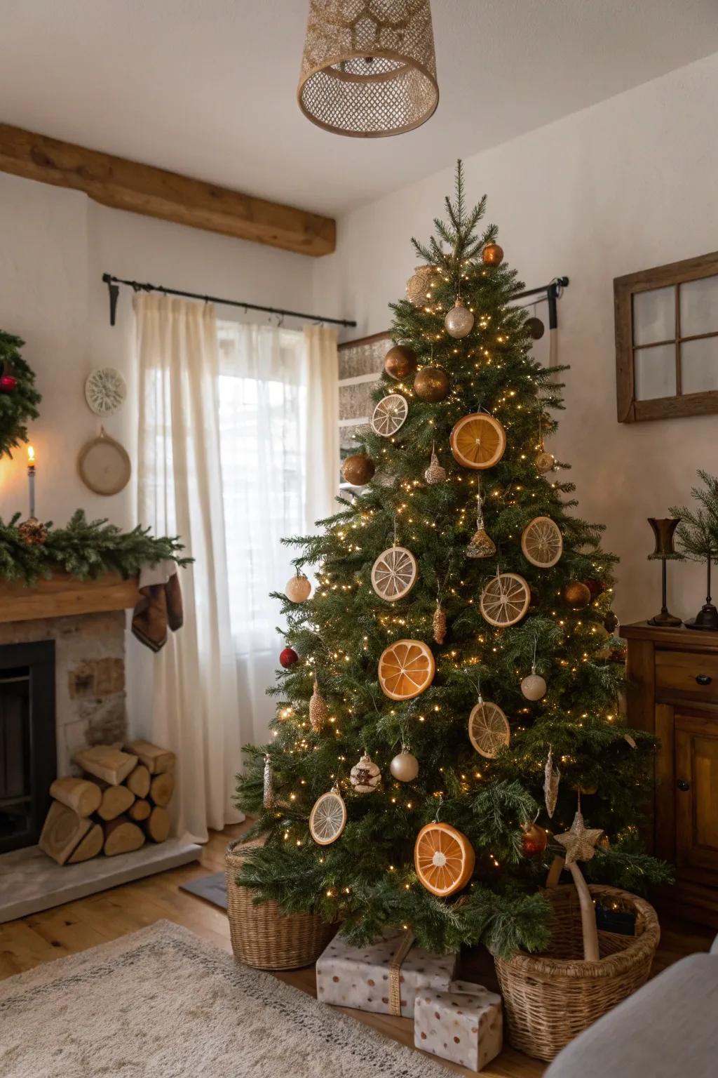 Dehydrated citrus decorations impart an authentic and scented impression to this tree.