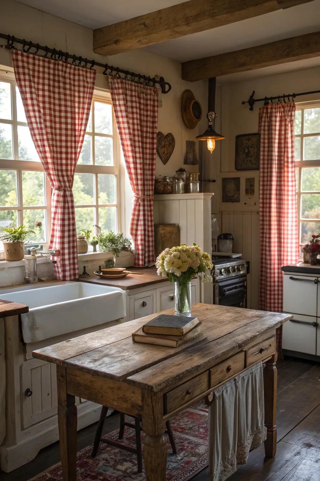 Charming short curtains enhancing the elegance of a farmhouse kitchen with vintage accents.