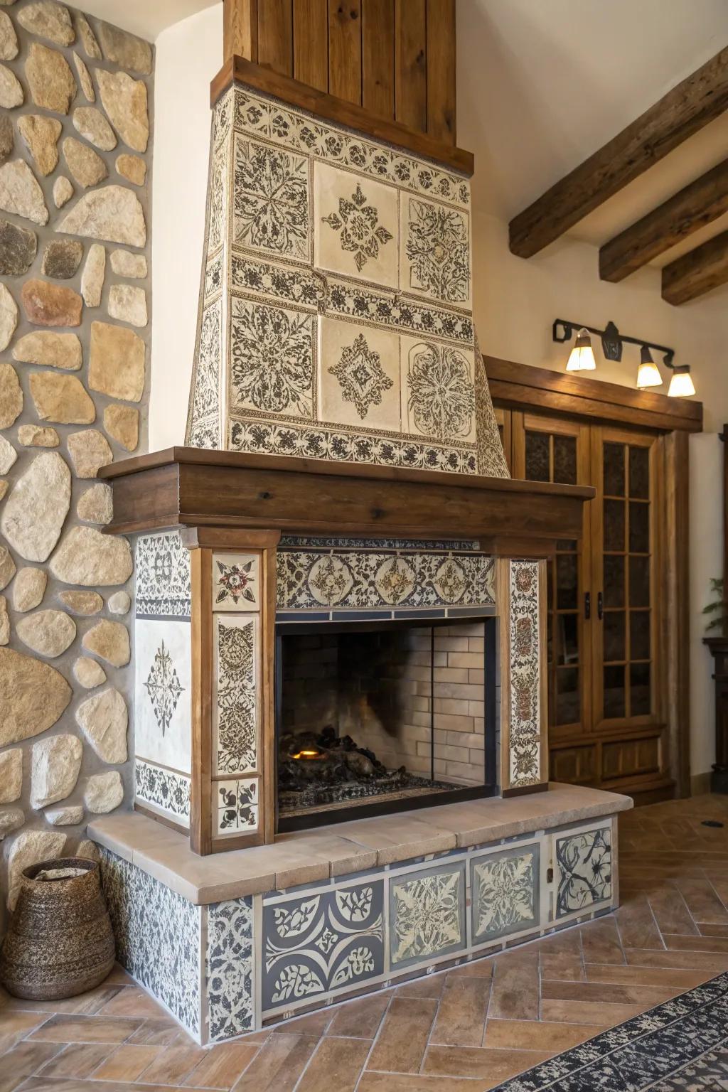 Contrasting grout adding drama to a farmhouse fireplace.