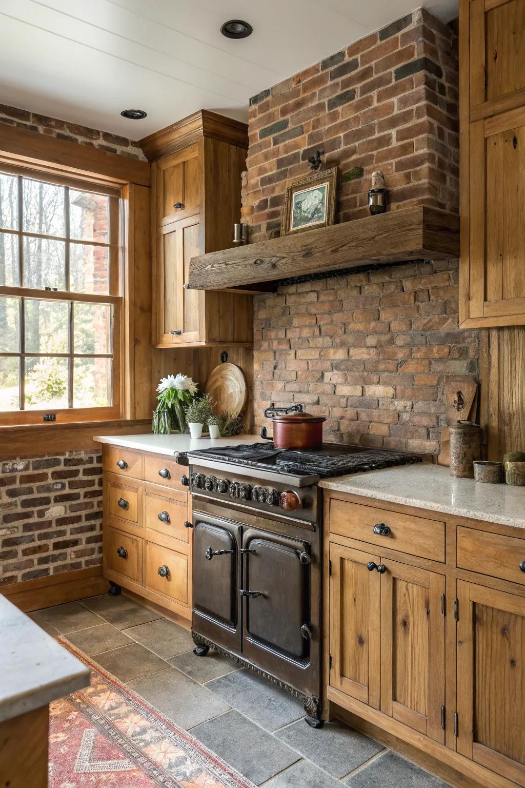 A farmhouse cooking area featuring a rustic brick and wood combo backsplash.