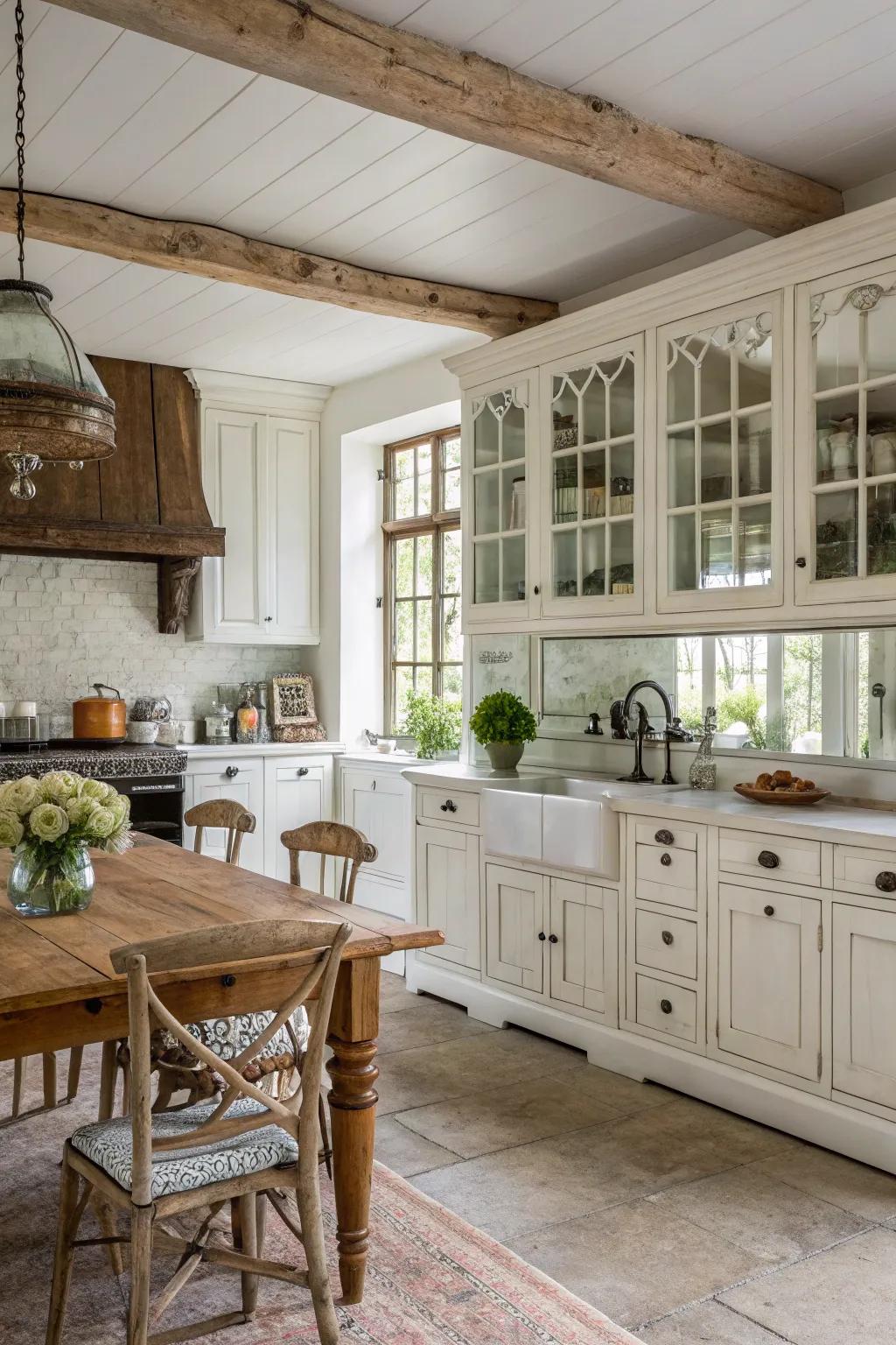An aged mirror backsplash broadens space and adds vintage allure to this farmhouse kitchen.