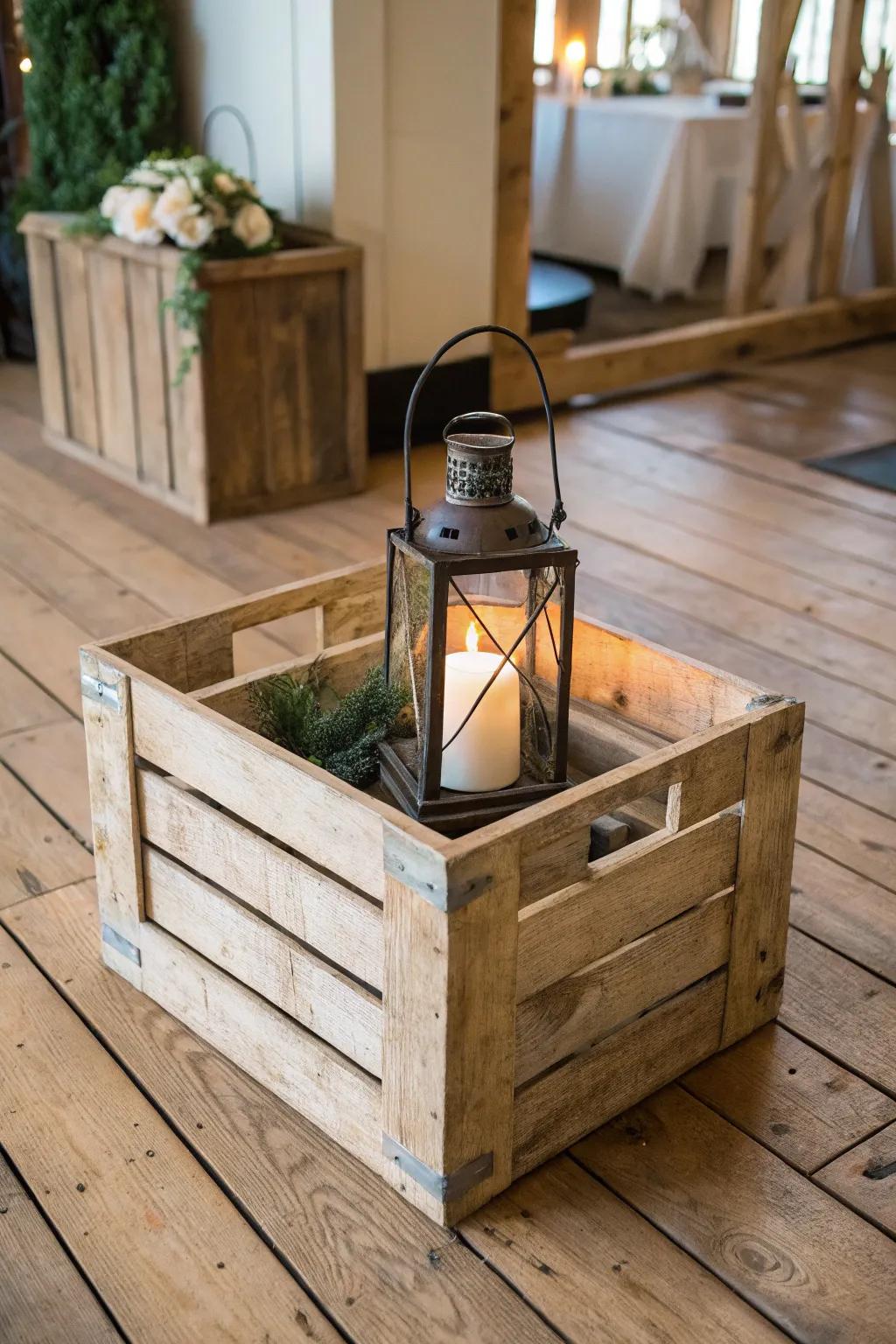 A timber crate incorporates surface to lantern arrangements.