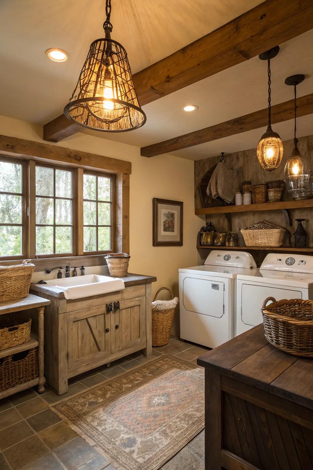 Pendant illumination adds an industrial touch while illuminating this farmhouse laundry space.