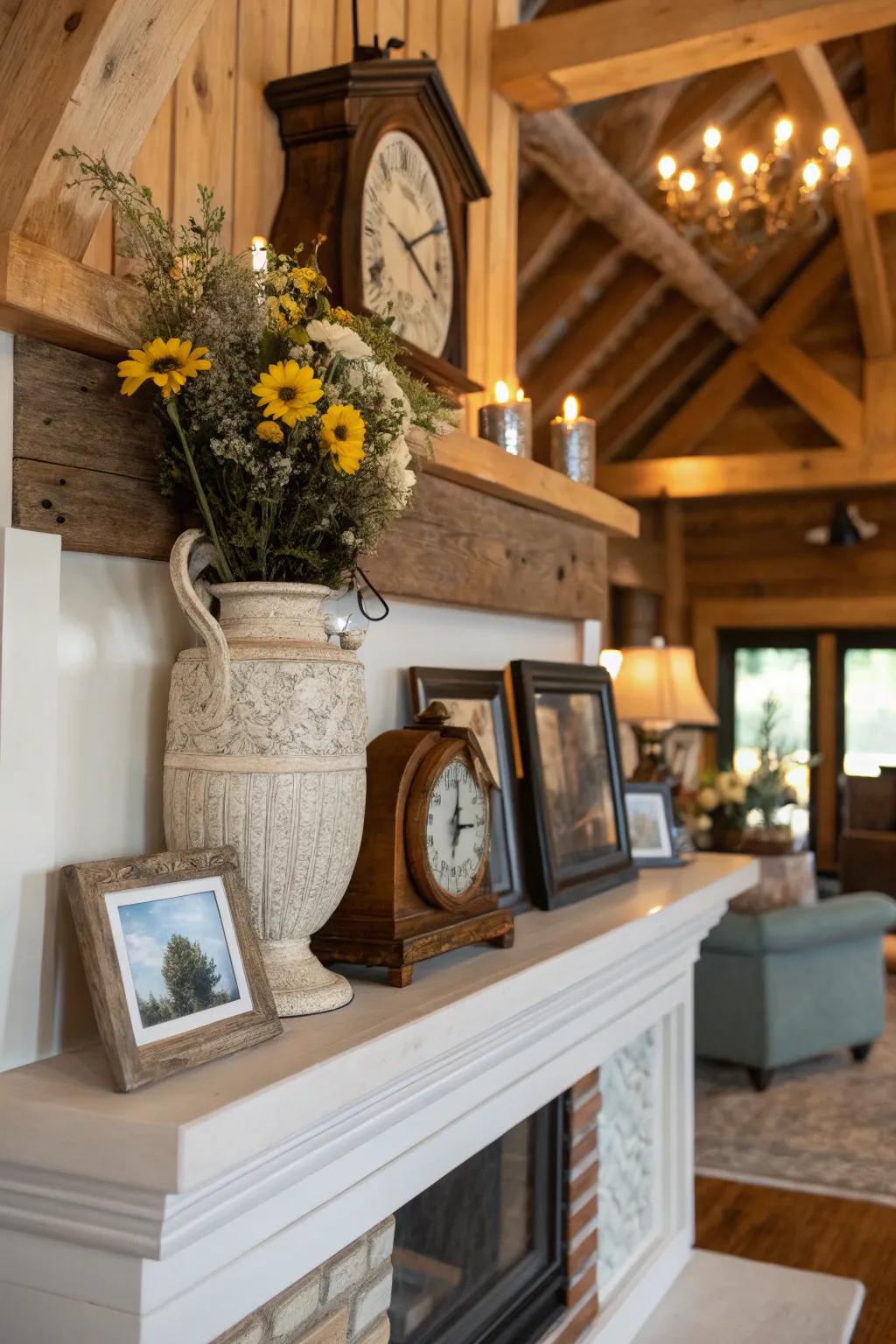 A curated blend of old and new elements creates a unique mantel display.
