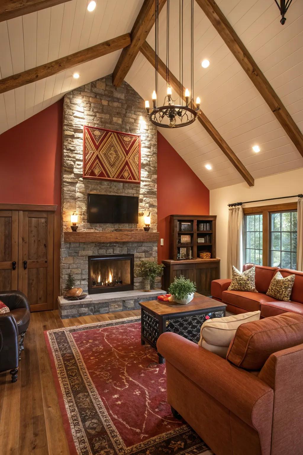 A strong feature wall emphasizing a fireplace in a living space.