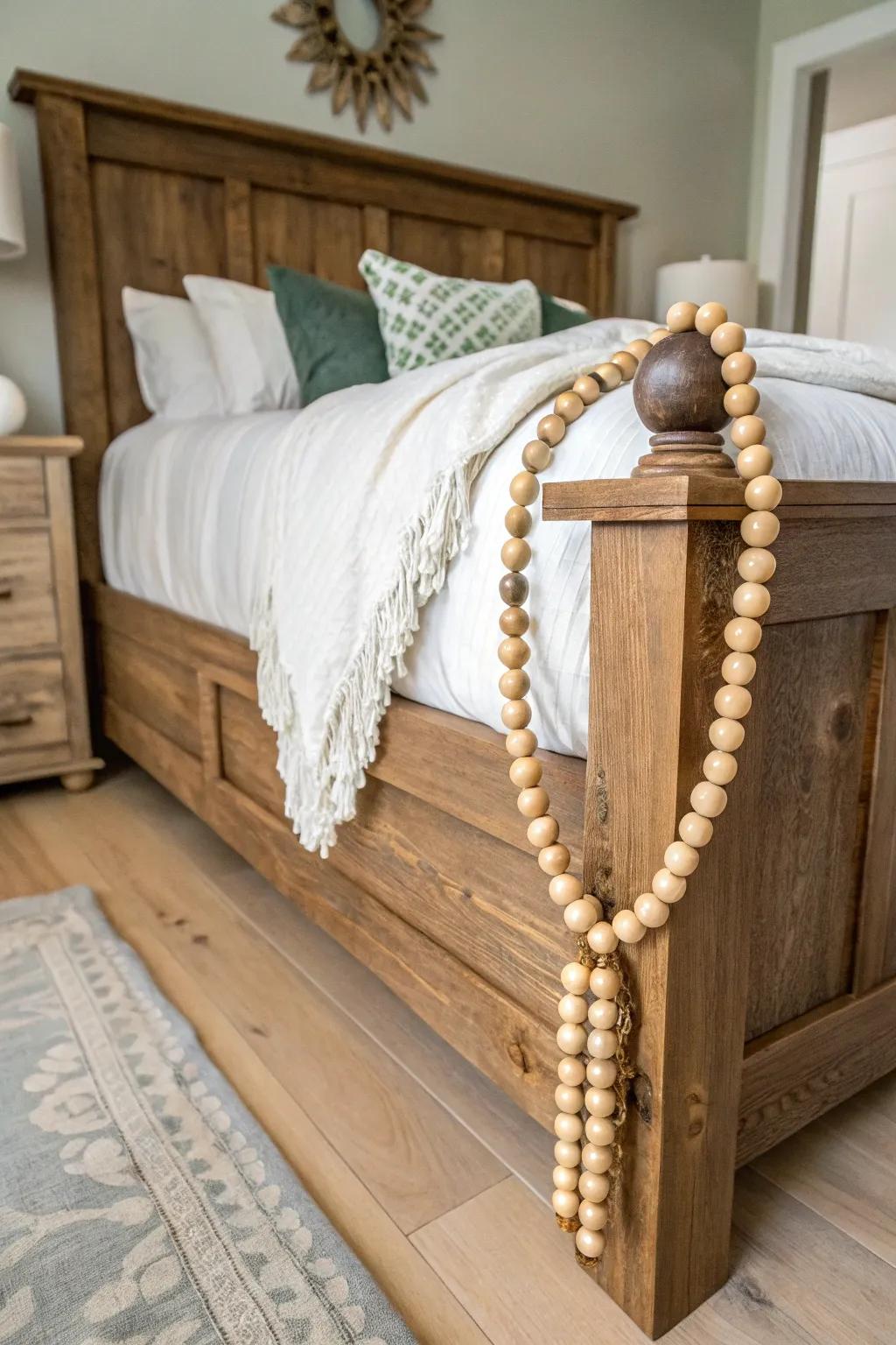 Bed headboard accentuated with timber-sphere strand.