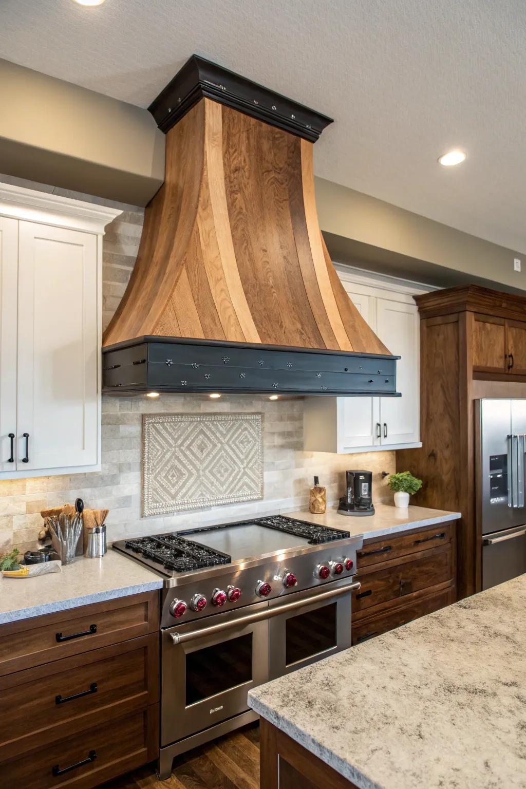A two-tone range hood incorporates visual interest and dimension.