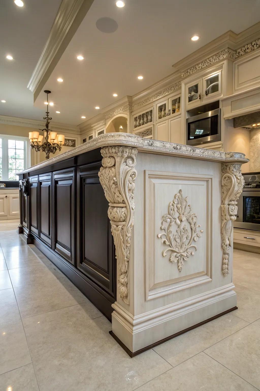 A lavish kitchen island featuring faux molding details.