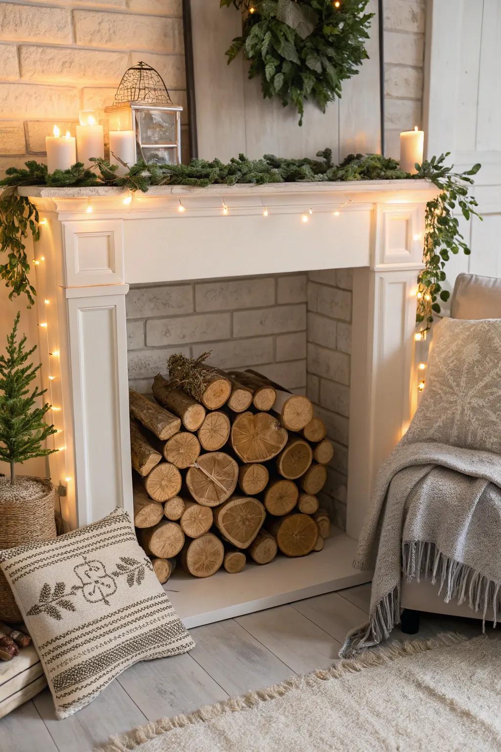 An artificial fireplace showcasing an eco-conscious timber piece display.