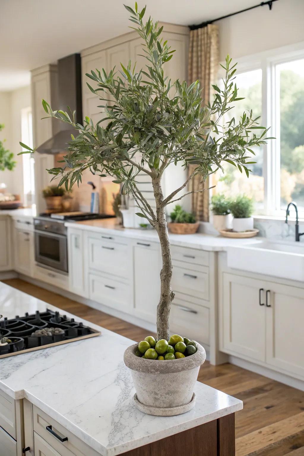 Infuse charm into your kitchen using a faux olive tree.