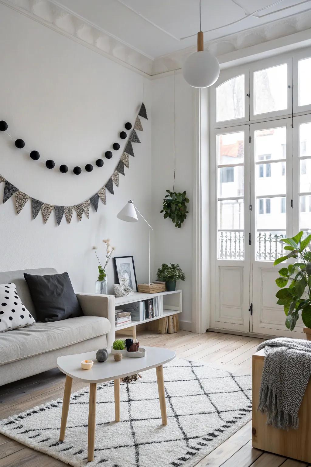 The simplicity and beauty of Scandi interiors are enhanced by monochrome felt garlands.