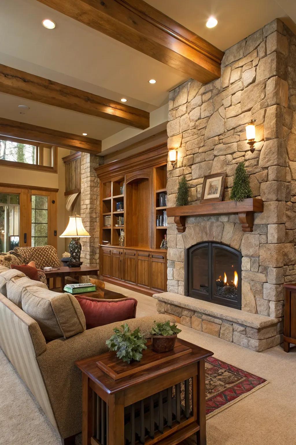 Inherent timber highlights and stone attributes infusing warmth into the living area.