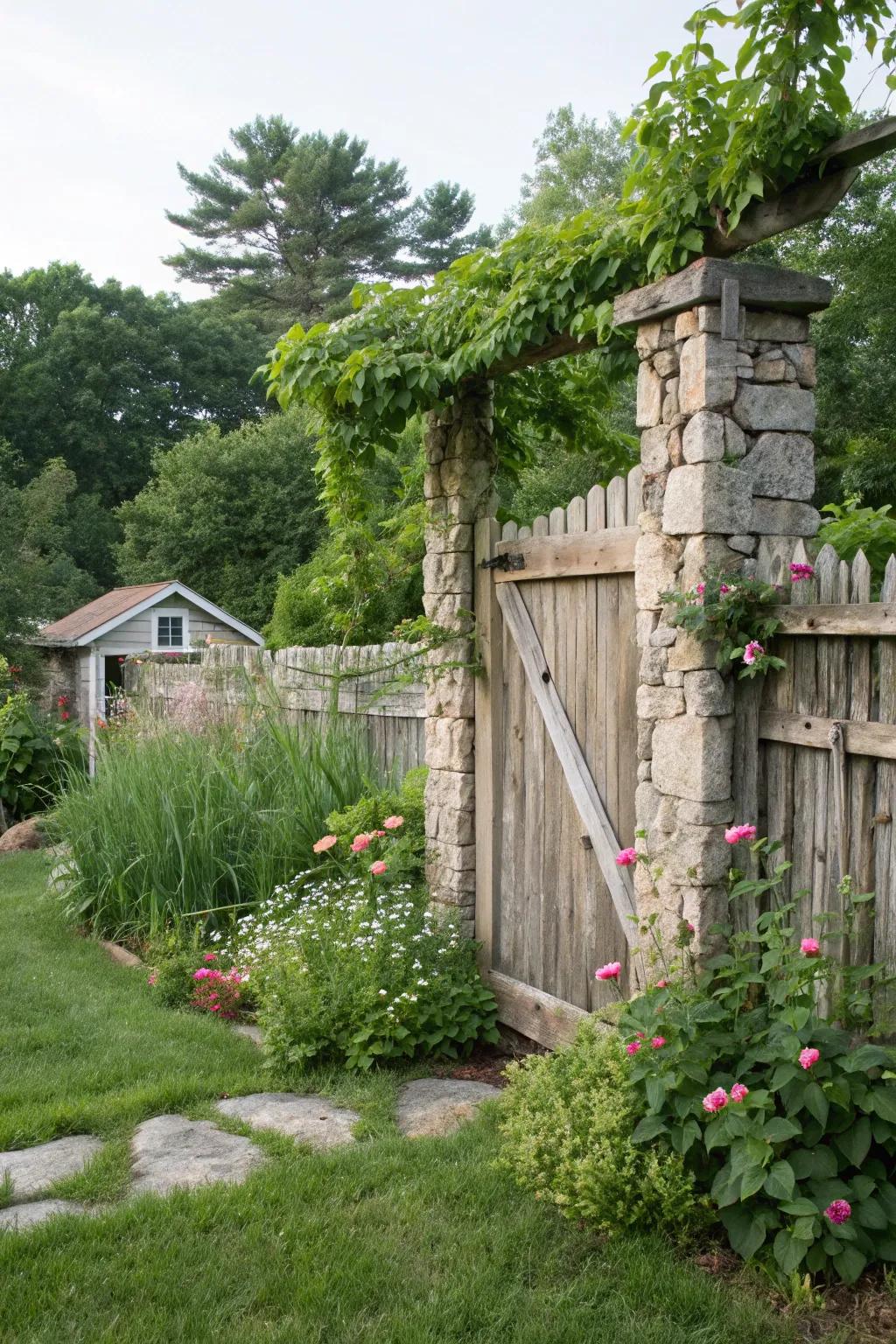 Stone and timber operate in congruence to compose a refined fence.