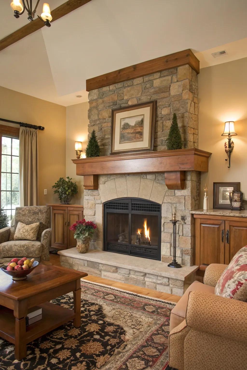 A living space featuring a natural timber mantel and stone hearth, enhancing warmth and earthiness.
