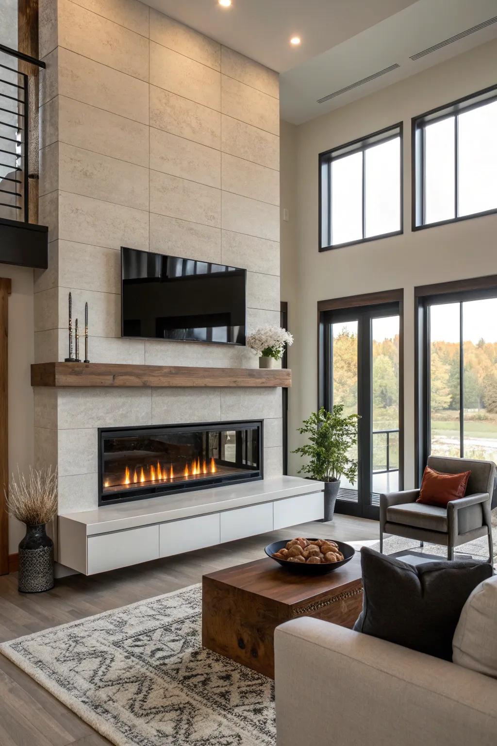 A floating mantel adds a sleek and contemporary flair to the fireplace.