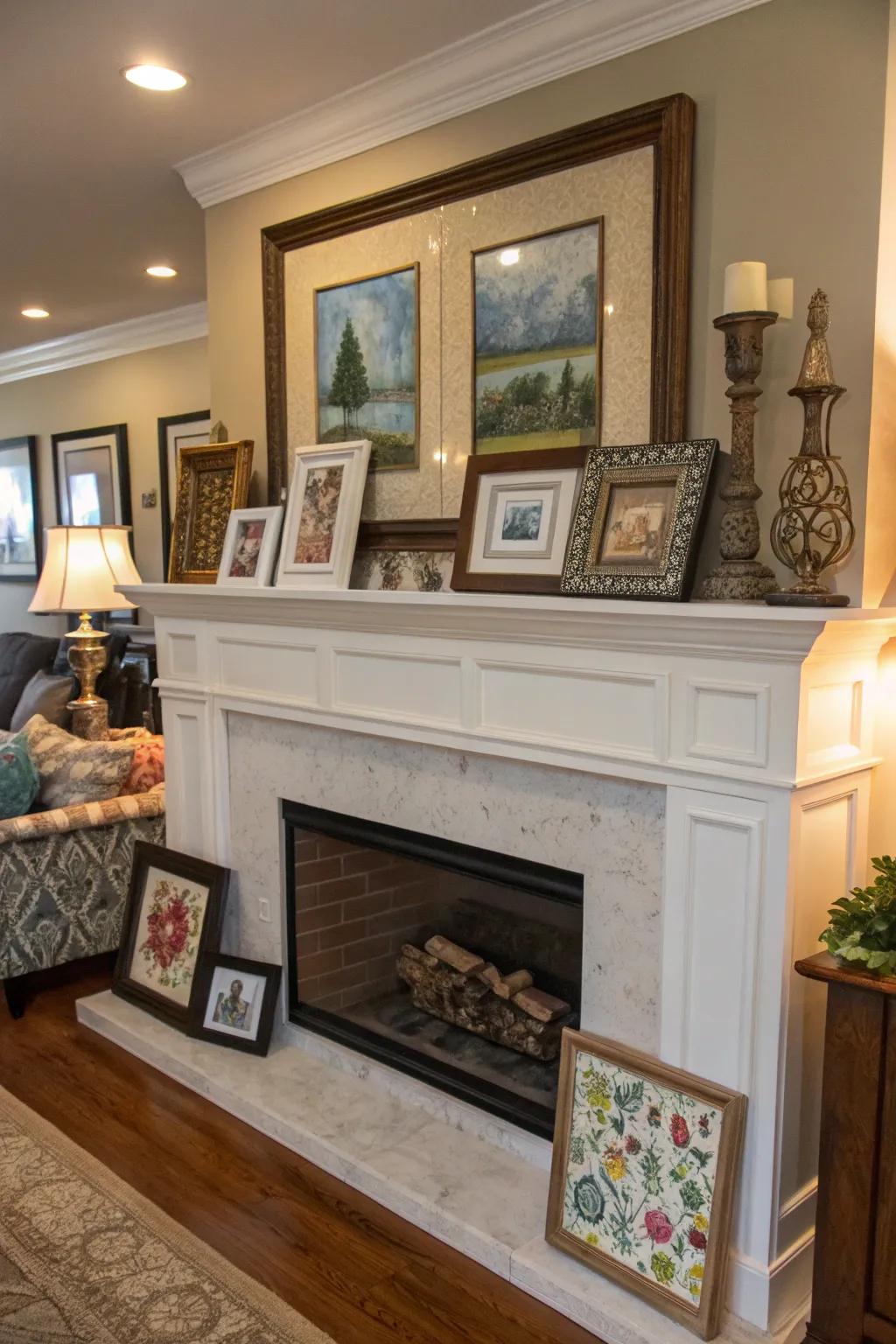 An eclectic art display turning the mantel into a personal gallery.