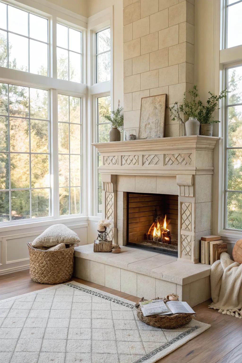 Light neutral cladding establishes an airy and uplifting fireplace design.