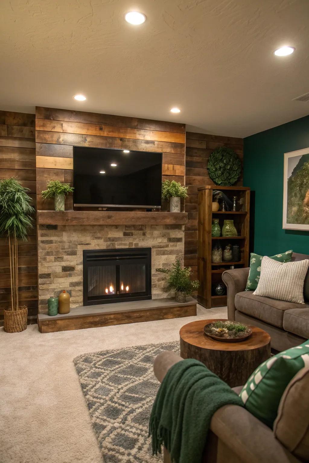 Communicate an eco-friendly statement utilizing a reclaimed timber fireplace TV feature.