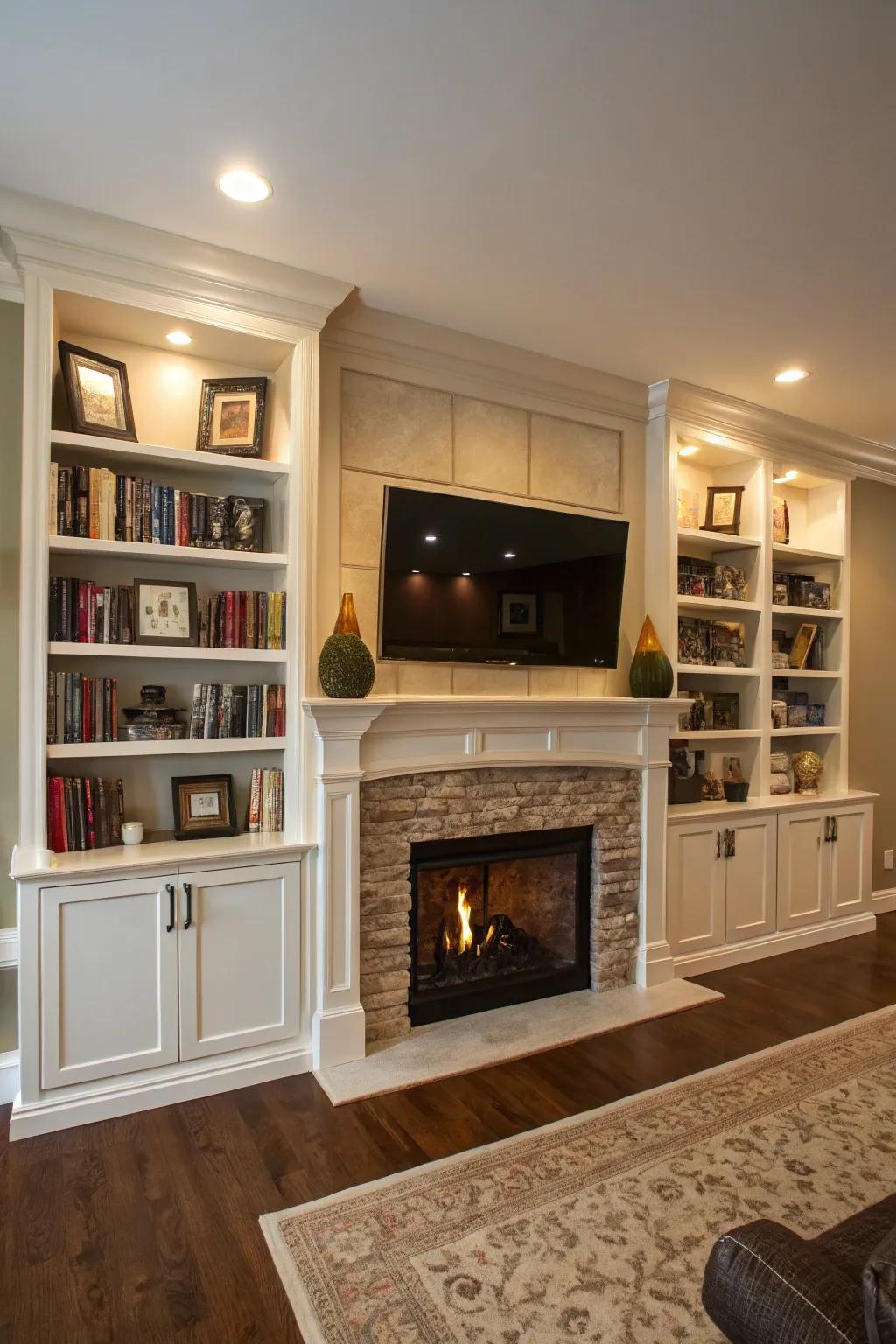 A living room with symmetrical built-ins around a fireplace wall and TV.
