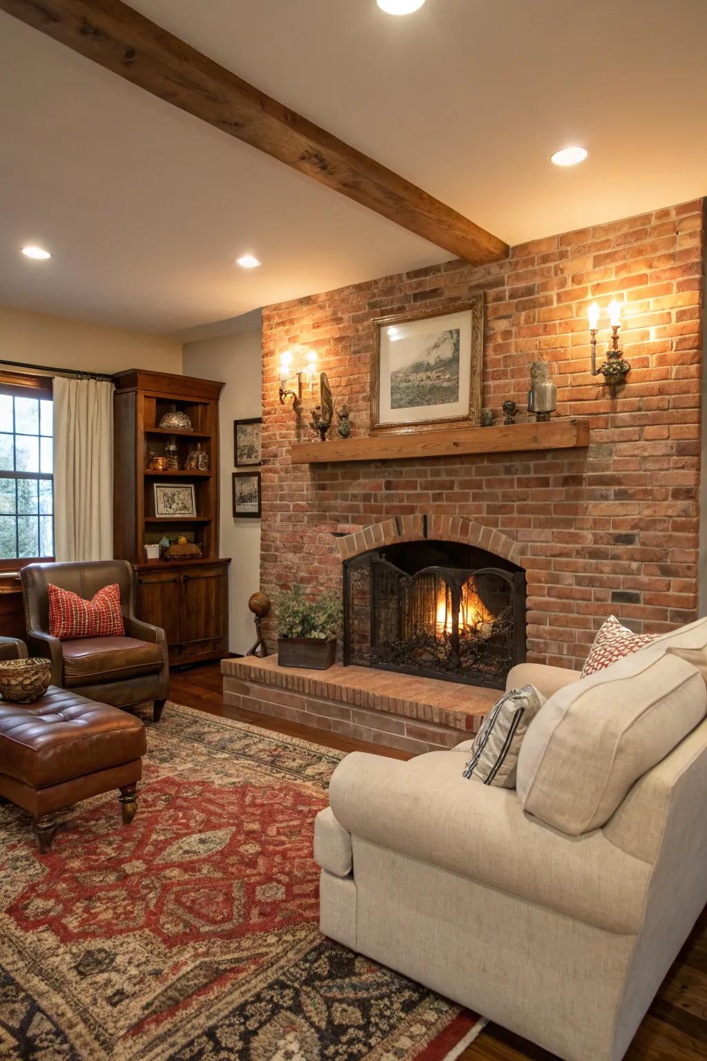 Timeless appeal through an uncovered brick fireplace structure.