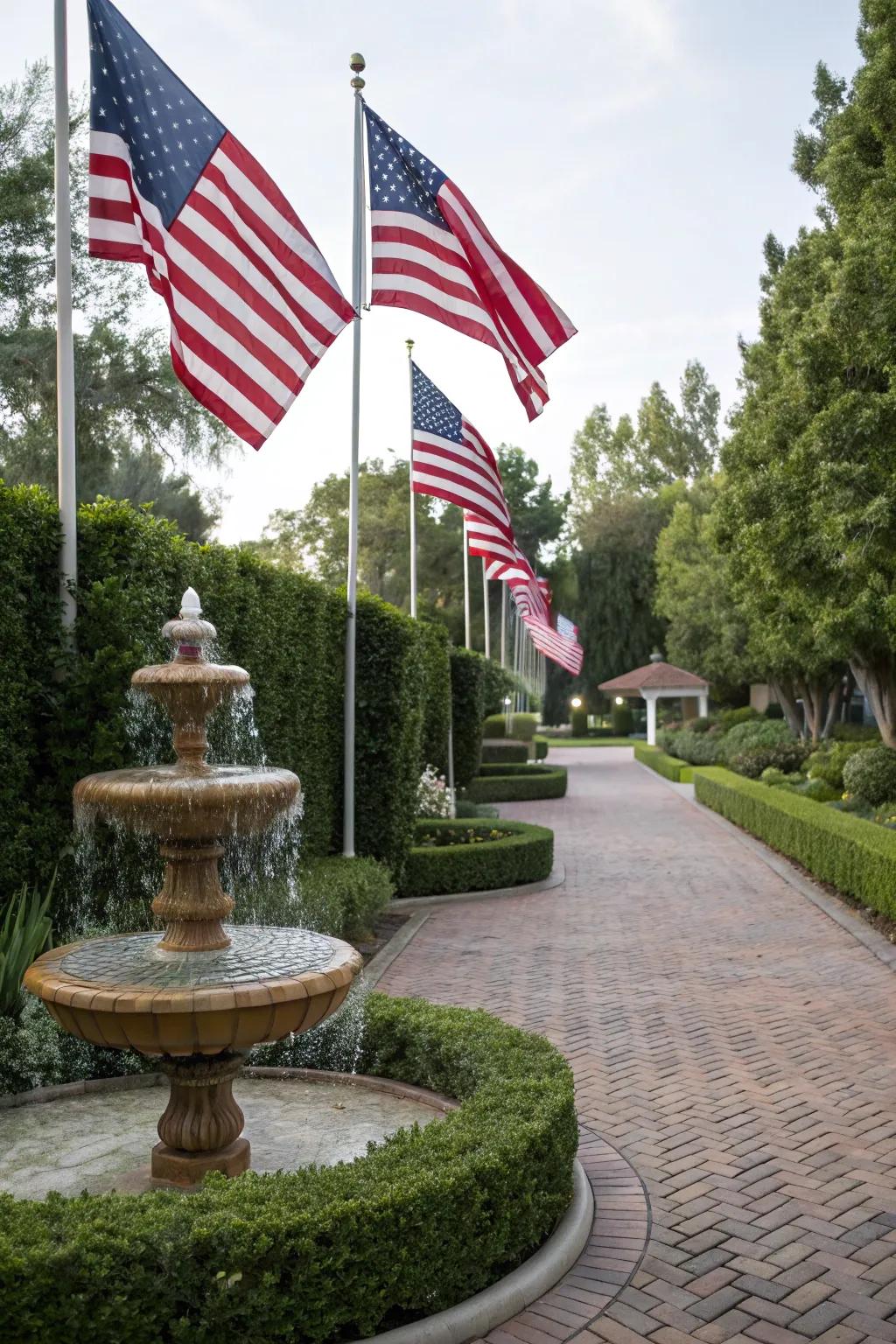 A charming water fountain gracing the entrance of a rear lot access road.