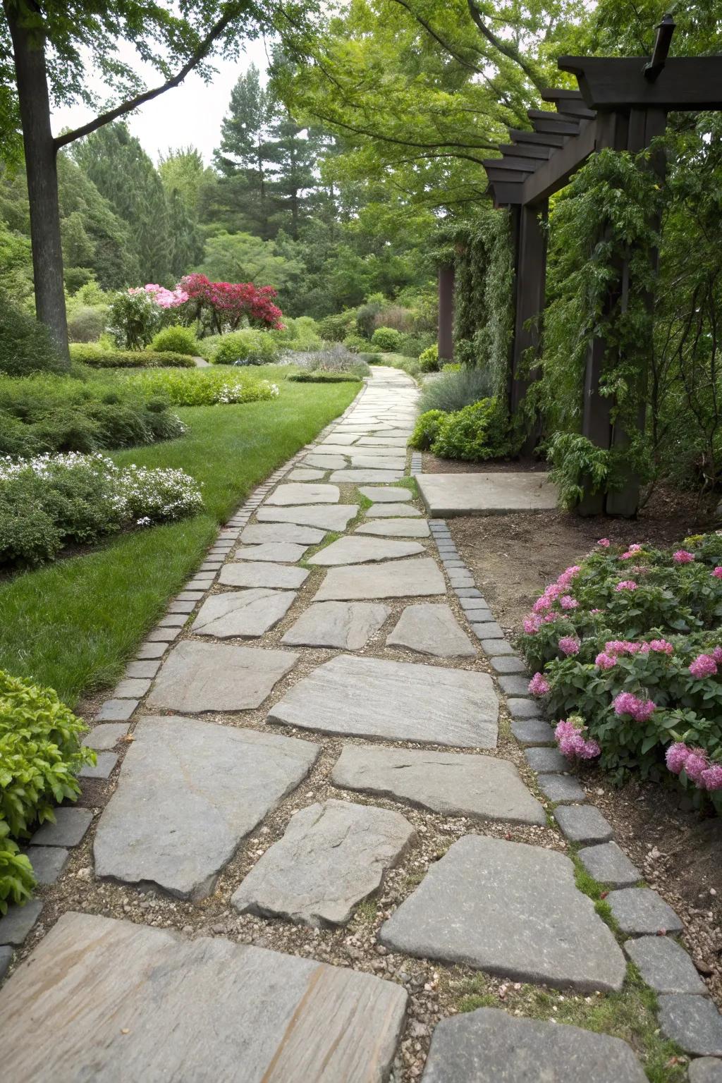 Symmetrical slate path offering a sense of balance and tranquility.