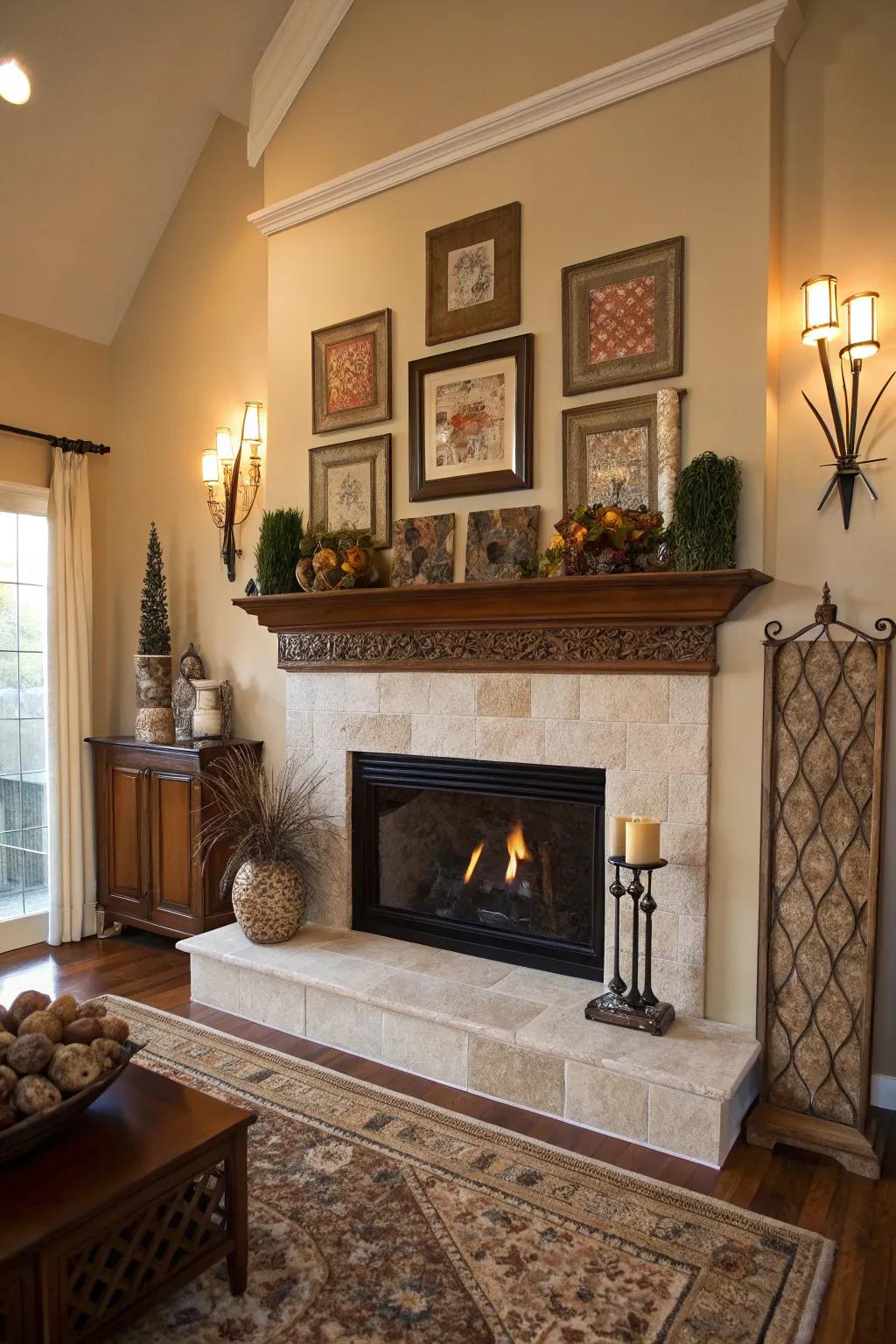 A fireplace with an artfully styled mantel showcasing personal treasures.