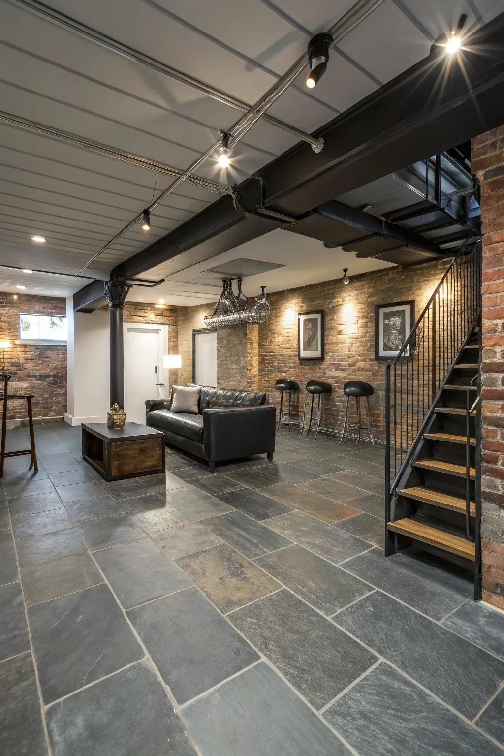Slate coverings offer a streamlined and modern foundation for your basement.
