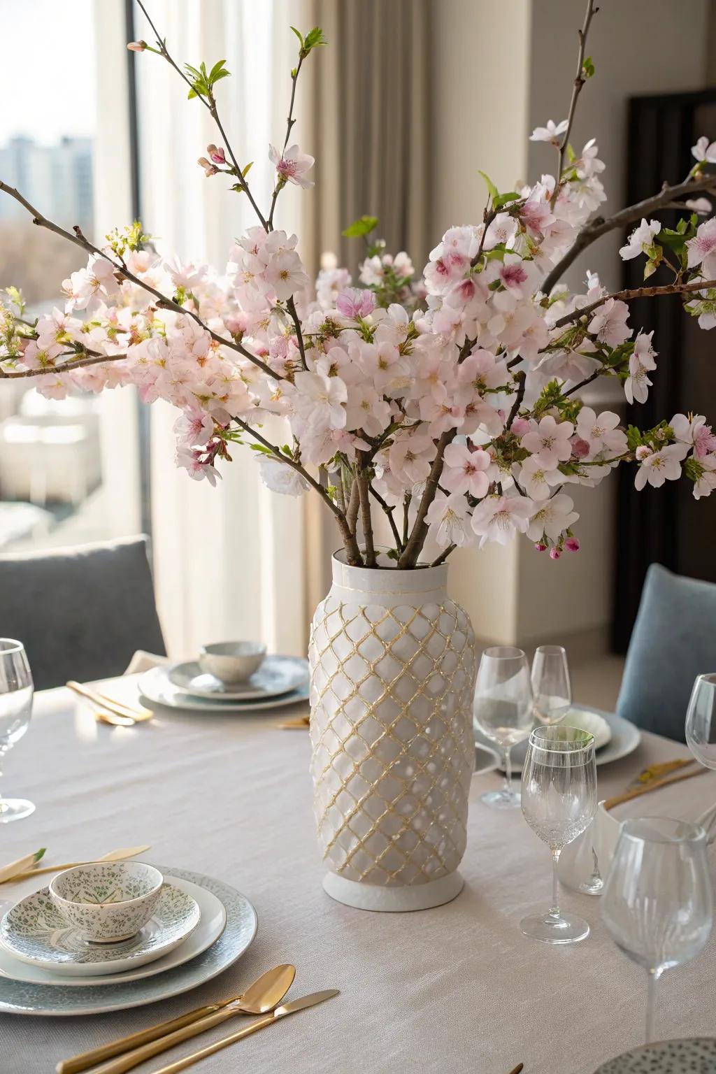 Flowering cherry centerpiece, bringing a touch of spring elegance to your home.