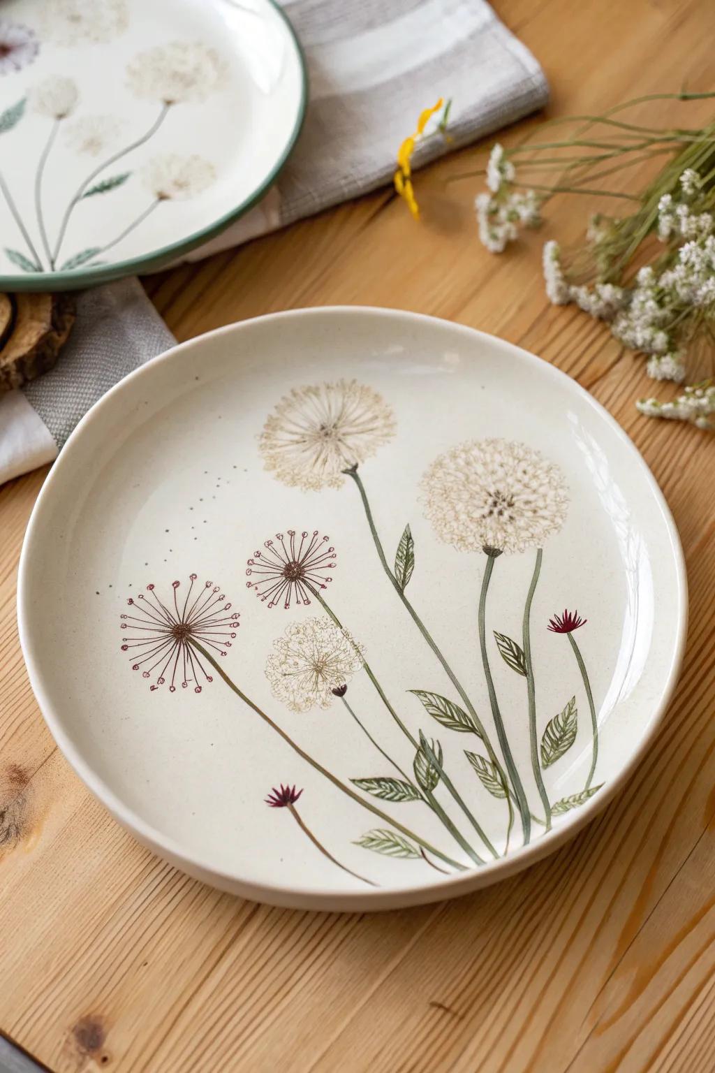 Quirky windblown seed pods contribute a sensation of sentimentality to your tableware.