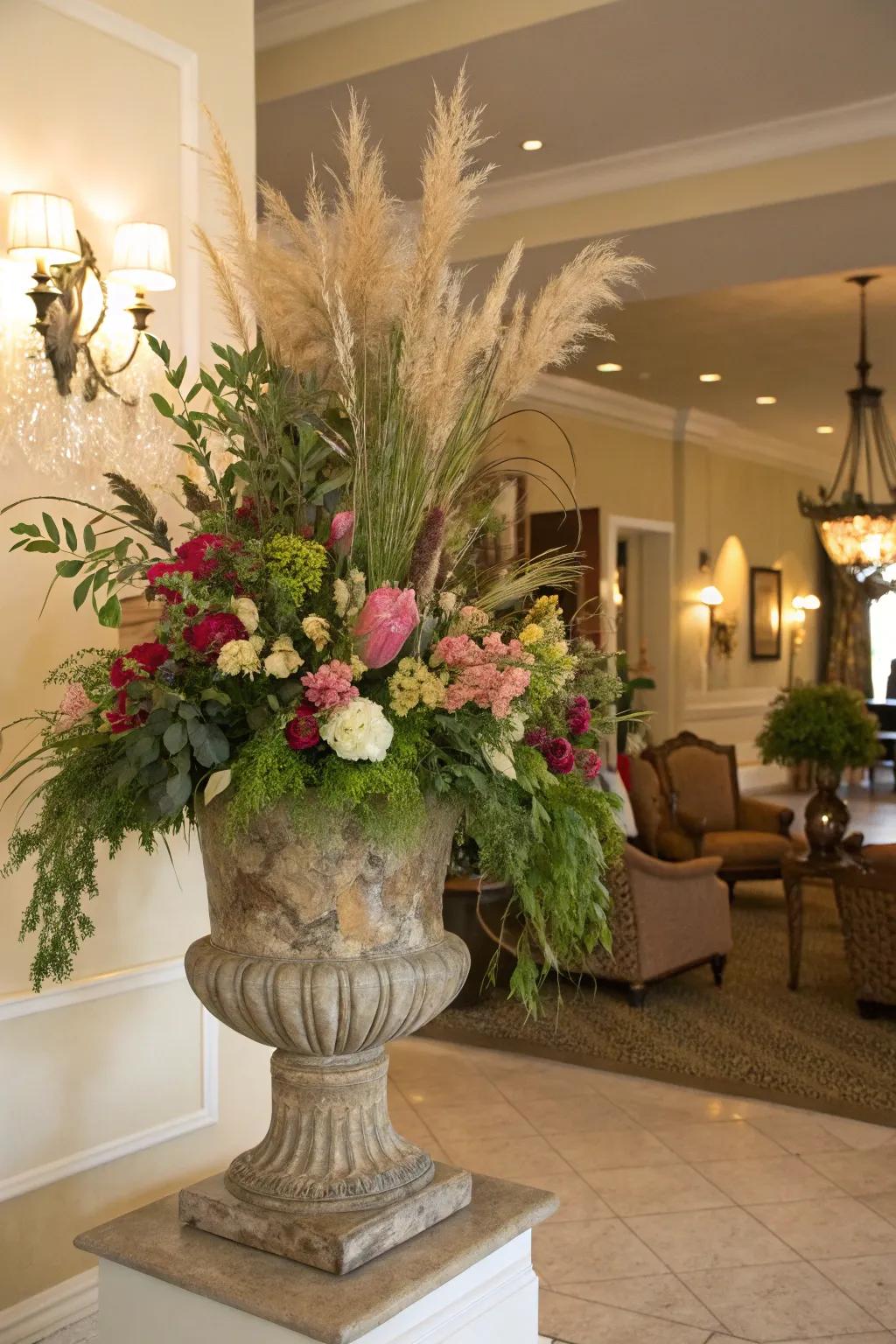 Garden urns indoors craft a grand floral statement.