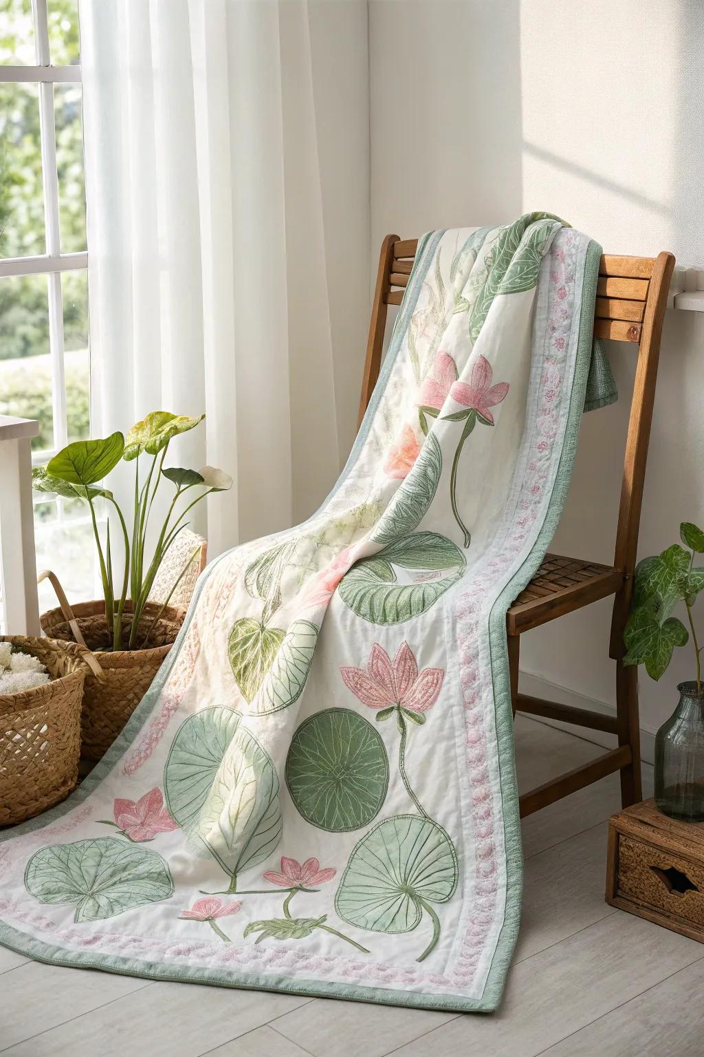 Embrace tranquility with the soothing beauty of lily frond quilt overlays.