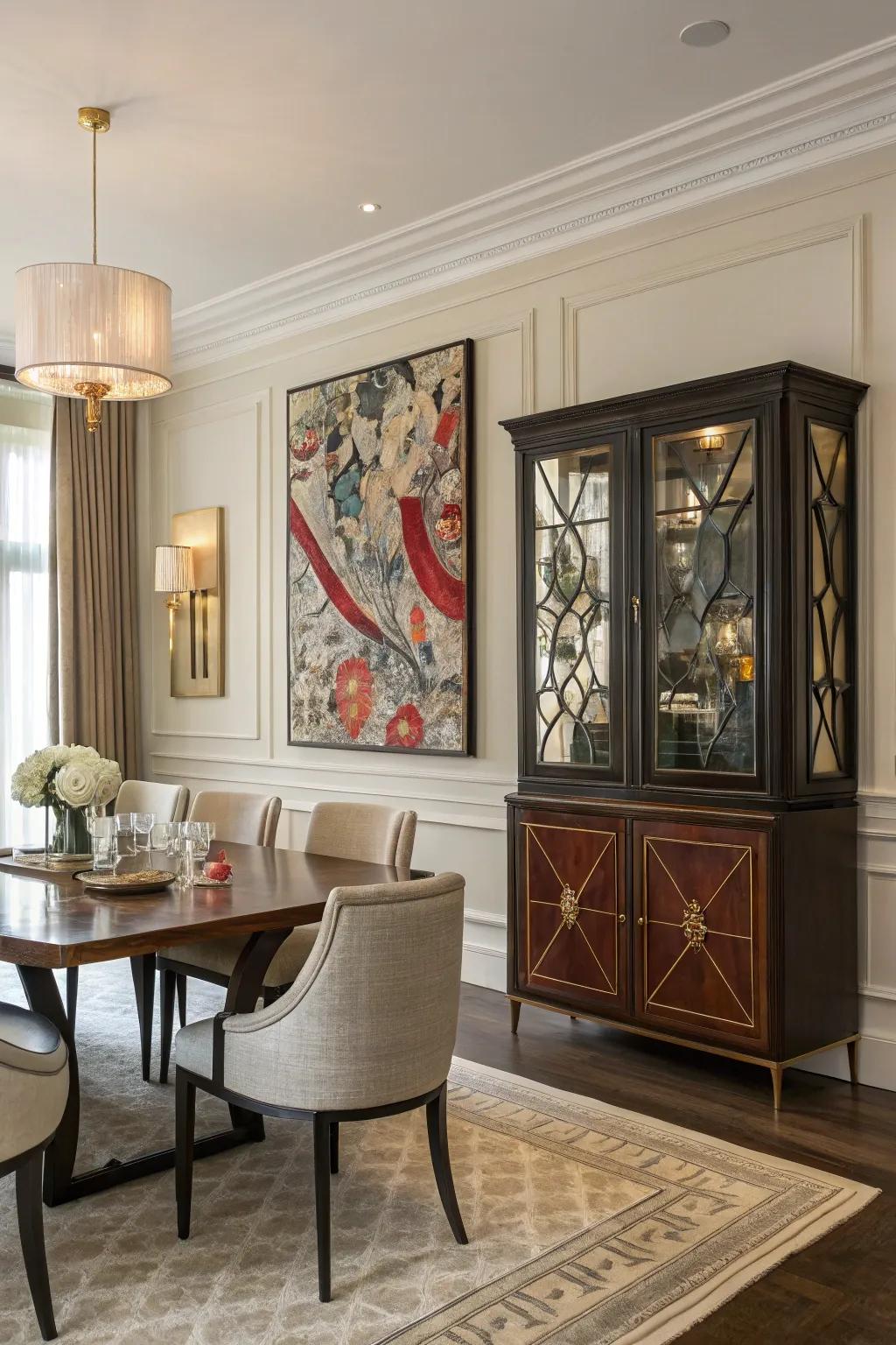 An impressive focal point enhances the look of the dining room.